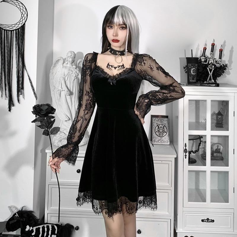 GlowGirl Halloween Gothic Grunge Punk Women Dress Long Sleeve Lace Slim Black Dresses New Y2K Harajuku Lolita Fairy Core Party Dress