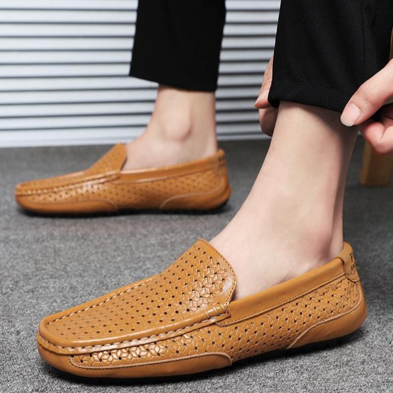 2025 Summer Men Casual Shoes Luxury Brand Genuine Leather Mens Loafers Moccasins Hollow Out Breathable Slip On Driving Shoes