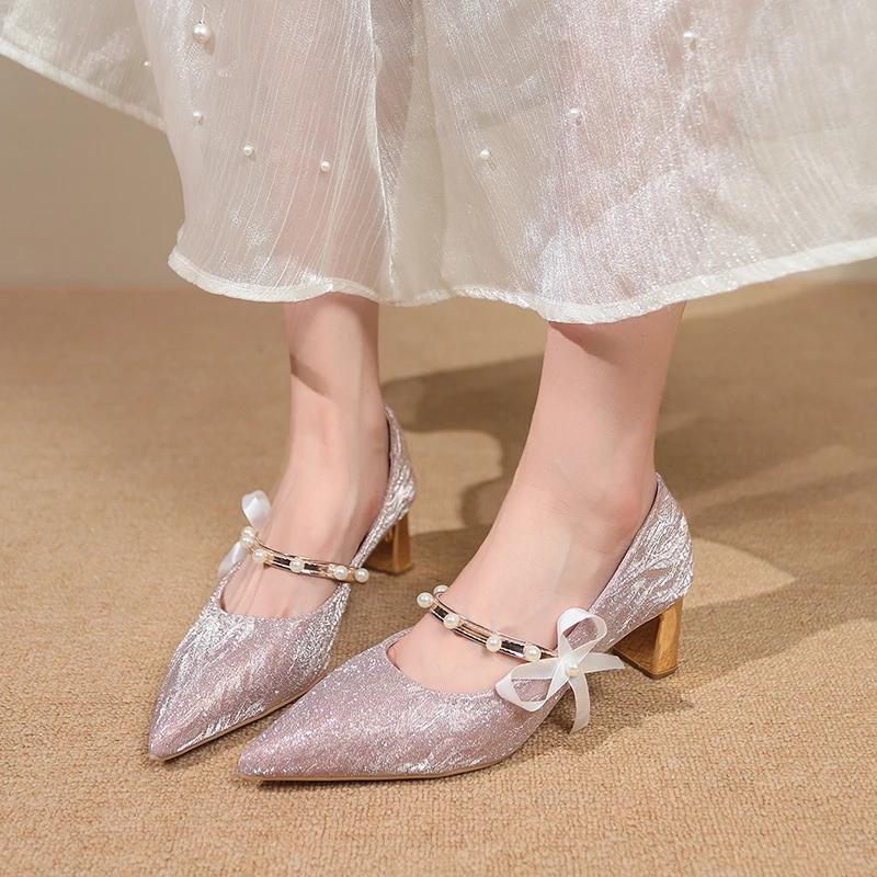 Fashion French High Heels Feminine Premium Block Heel Wedding Shoes 2025 New One Word Strap Pointed Toe Single Shoes Silver