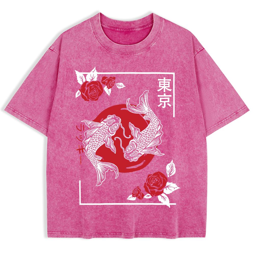Tokyo Koi Fish Rose Harajuku Washed T-Shirts Mens Cotton Short Sleeve Tops Street O-Neck Oversize T Shirt Summer Clothes