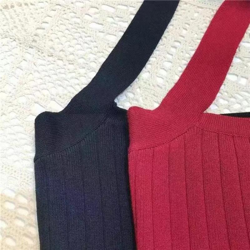 Summer Knitted Suspender Backless Crop Tops Women's Neck Strap Sleeveless Sexy Red Vest Vintage Tank New