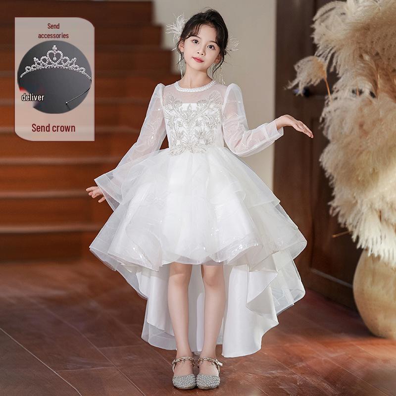 Children's High-End White Sequin Princess Dress - Short Front, Long Back, Perfect for Piano Performances, Weddings, and Autumn Flower Girl Events