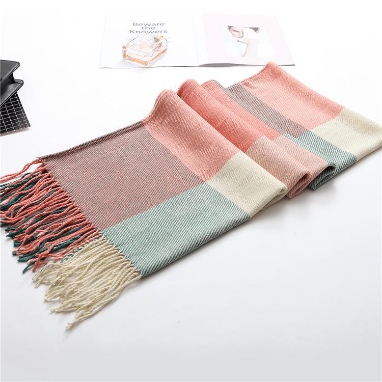 

Клетчатый зимний шарф для женщин - шаль с кисточками в корейском стиле из искусственного кашемира зеленый плед/розовый