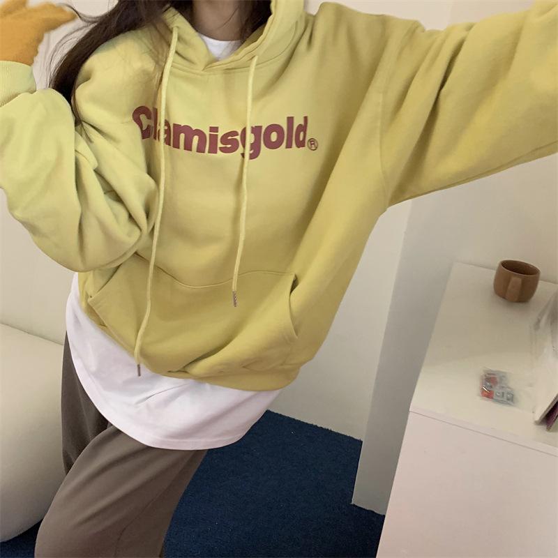 Padded Hooded Sweatshirt Women Autumn and Winter Loose Letter Printed Student Long Sleeve Tops Fashion Retro Versatile Sweatshirt