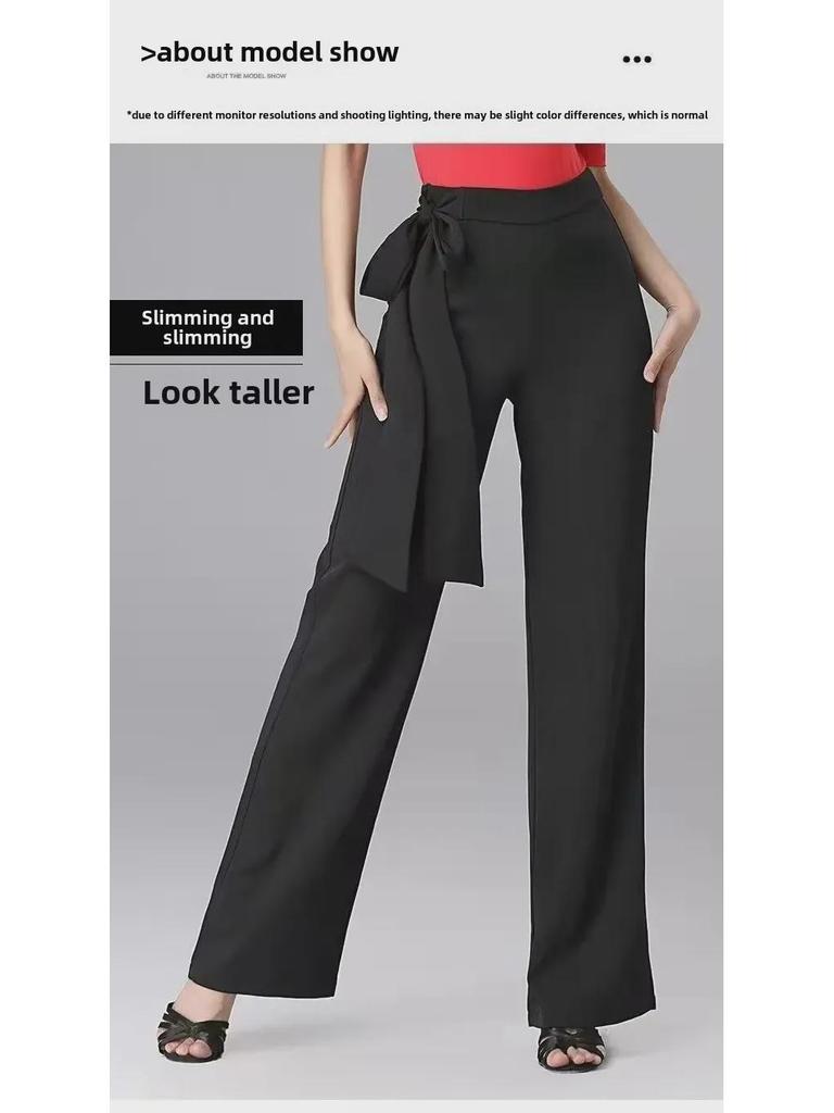 Damskie spodnie z wysokim stanem i szerokimi nogawkami na rok 2025 - Nowy styl, drapowane, dopasowane, jednokolorowe, gotowe do tańca spodnie proste