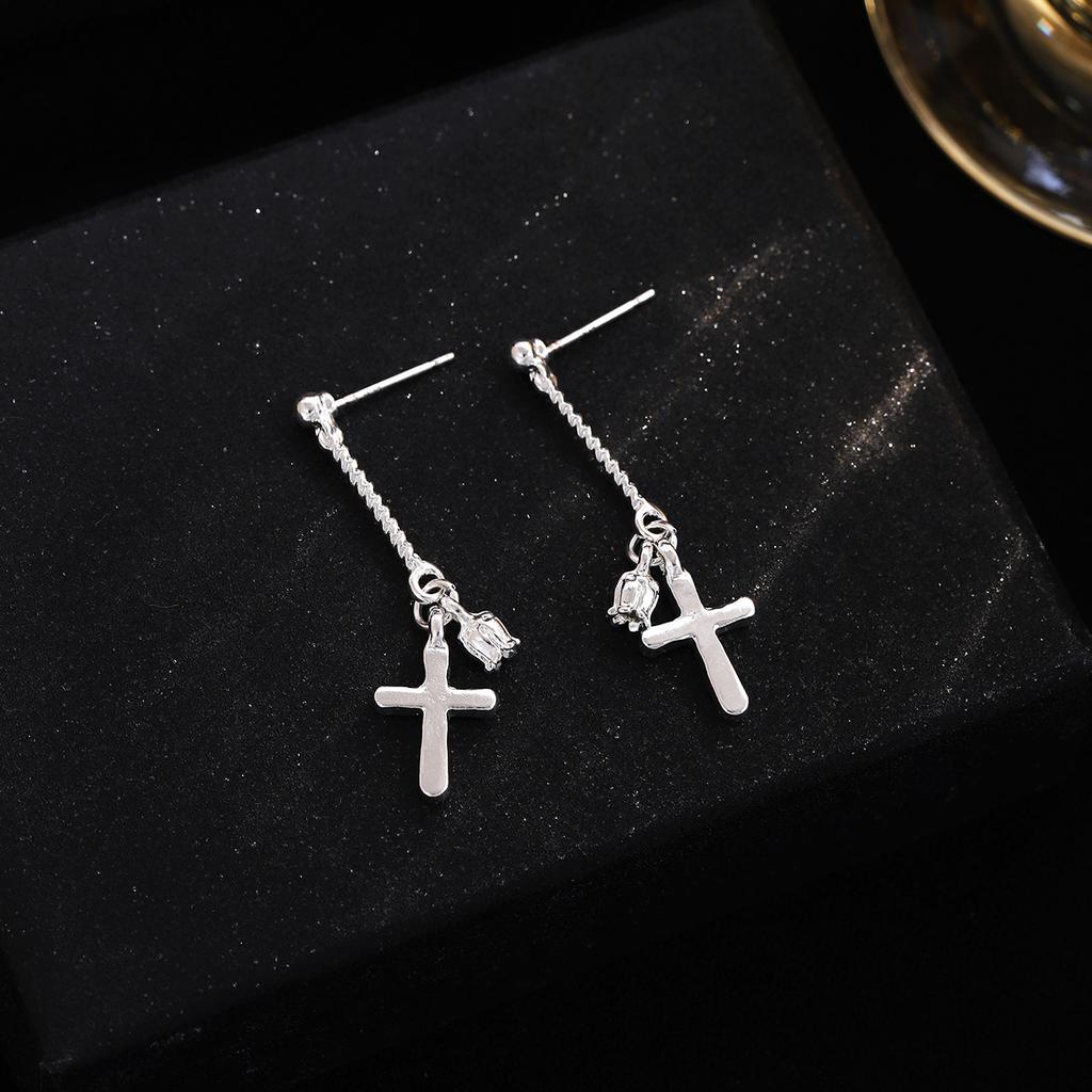 Personalized Chain Cross Diamond Stud Earrings, Light Luxury High Sense Simple Earrings Women