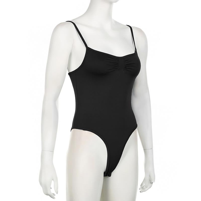 Sweetown Sleeveless Skinny Shirring Skinny Sexy Spaghetti Strap Bodysuit For Women Black Solid Simple Basic Vacation Camisole