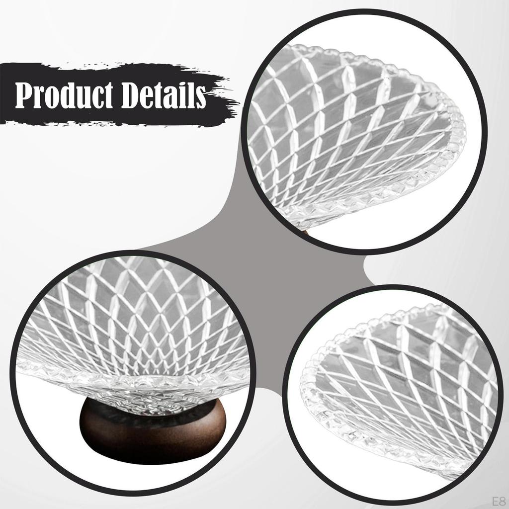 Clear Glass Fruit Bowl Decorative Pedestal Tray Nuts Cake Vegetable Holder with Wooden Stand for