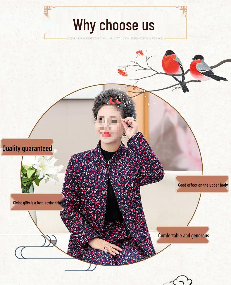 Omas kuscheliges, fleecegefüttertes Winterset: dicke, baumwollgepolsterte Jacke und Hose für Frauen mittleren Alters und Senioren.