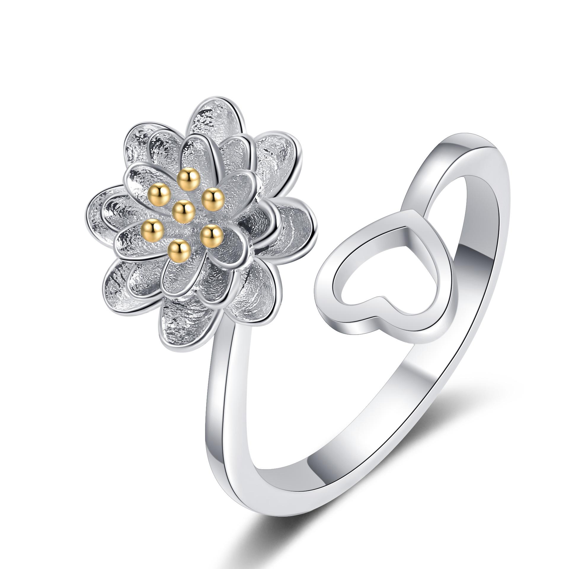 

Solar Bloom Fidget Ring Vintage Rotating Adjustable Rings Artistic Floral Stress Relief Zircon Boho Chic Gift resizable