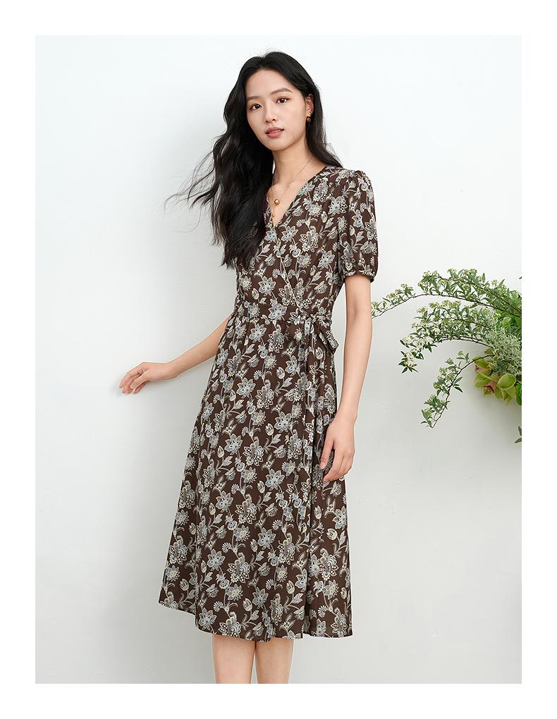 JUZUI Elegant Commuting Style Printed Strap Waist Dress Summer New Style