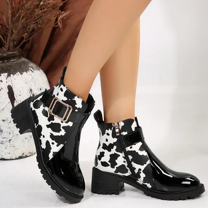 Fashion Women Round Toe Belt Buckle Ankle Boots Spring Autumn New Leopard Print Leather Boots Female Fashion High Heels Short Boots