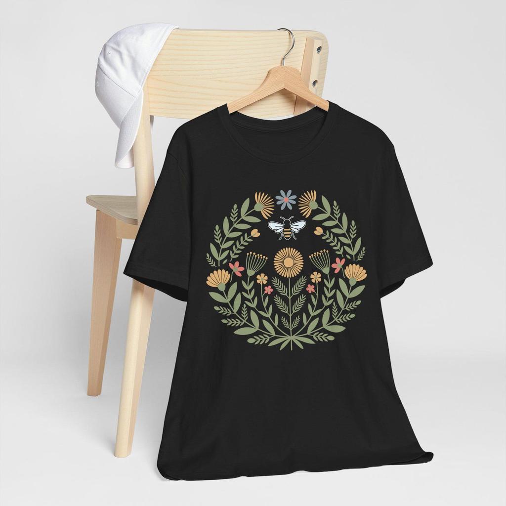 Floral Bee Wreath Shirt, Cottagecore Nature Tee, Hygge Folk Art Flower T-Shirt, Vintage Scandinavian Boho Bee Gift