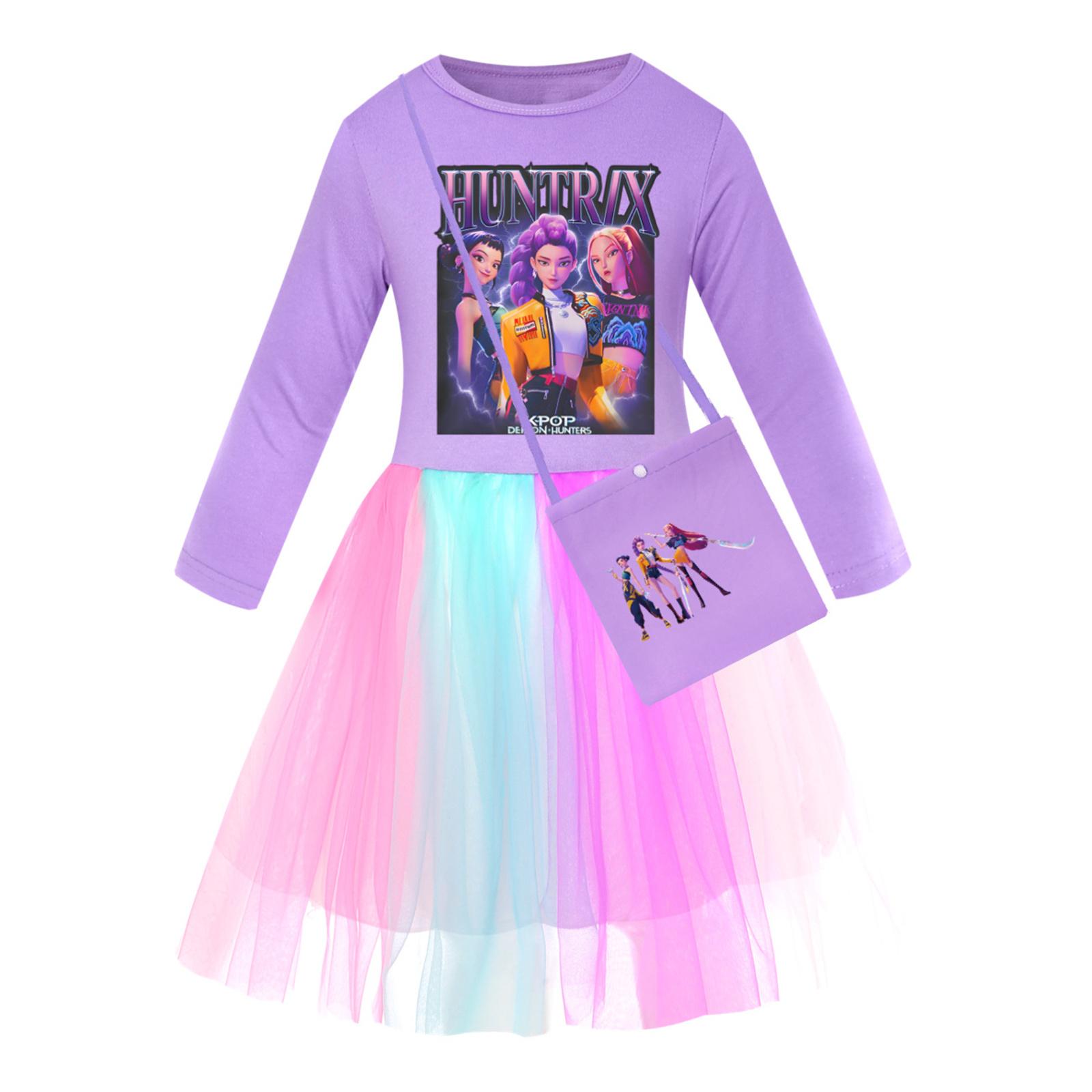 

Girls Star-Print Skirt Round-Neck Long-Sleeve Colorful Lace Patchwork Dress 150 фиолетовый