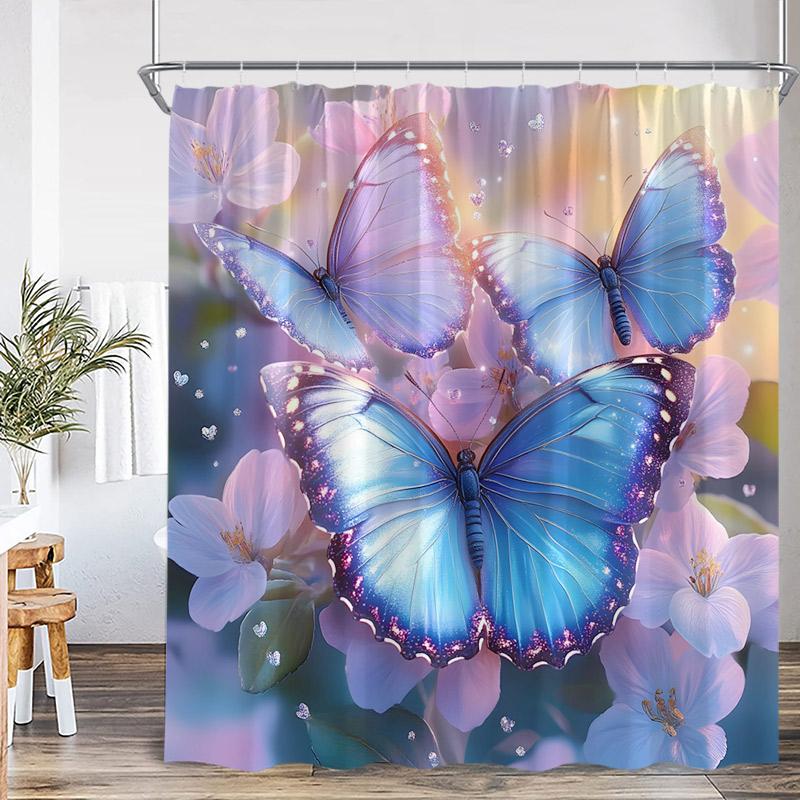 Floral Butterfly Shower Curtains Vintage Paris Tower Butterflies Watercolour Pink Purple Flowers Bath Curtain Bathroom Decor Set