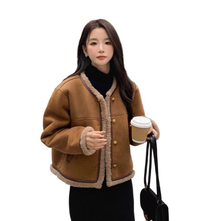 Maillard Retro Fashion Damen Winter Kurzmantel aus Lammwolle: Kleine, Samtgefütterte, Dicke Einteilige Lederjacke