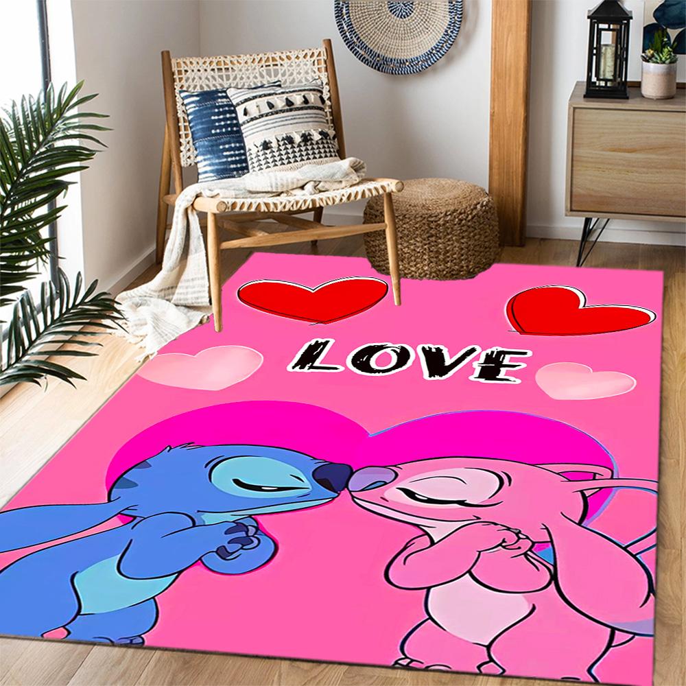 Stitch Adventure In Flowers Disney Cartoon Theme Anti-Slip Rug - Polyester, Home Decor, Suitable for Bedrooms, Living Rooms, Doorways, and Studios