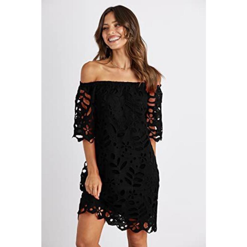 Mini Abito Estivo da Donna Scollo Bardot con Pizzo Floreale a Occhiolino Scollato Manica Corta Casual per Spiaggia Vacanza Festa