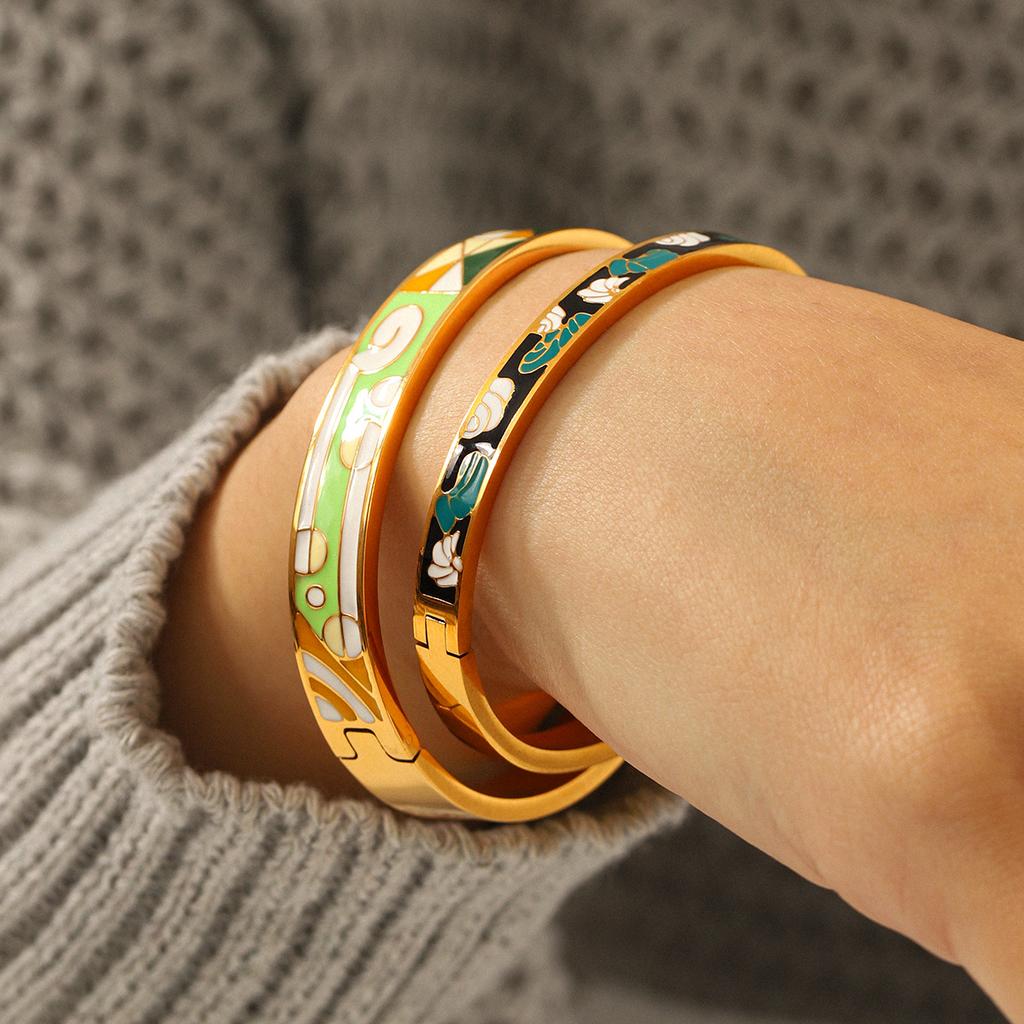 Stainless Steel Oil-drop Bangle, European and American Retro Colorful Enamel Bracelet, Versatile Design Hand Jewelry