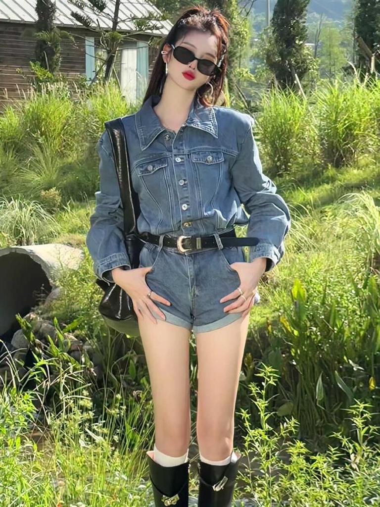 Korean-Style High-Waisted Denim Romper Shorts - Trendy Wide-Leg Slimming Women's Jumpsuit for Spring & Autumn