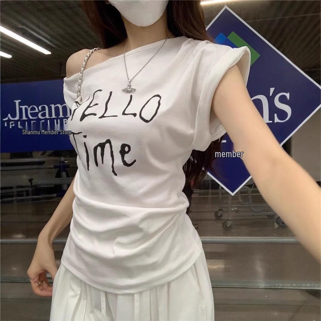 

White One-Shoulder Twist Tee: Summer 2025 Women s Loose-Fit, Short-Sleeve, Korean Style with Letter Print M - Premium белый
