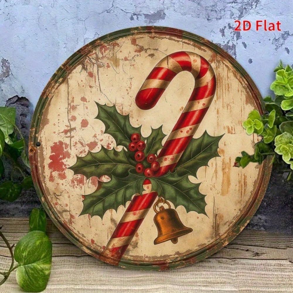 Vintage Candy Cane Metal Wall Art Rustic Holiday Decor with Holly Berries Golden Bells Home Garden Decor