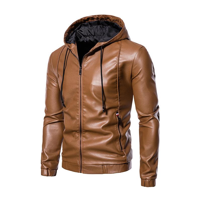Autumn and Winter Men's Leather Jacket Leather Jacket Men's Hooded Slim Fit Motorcycle Casual Solid Color Jacket