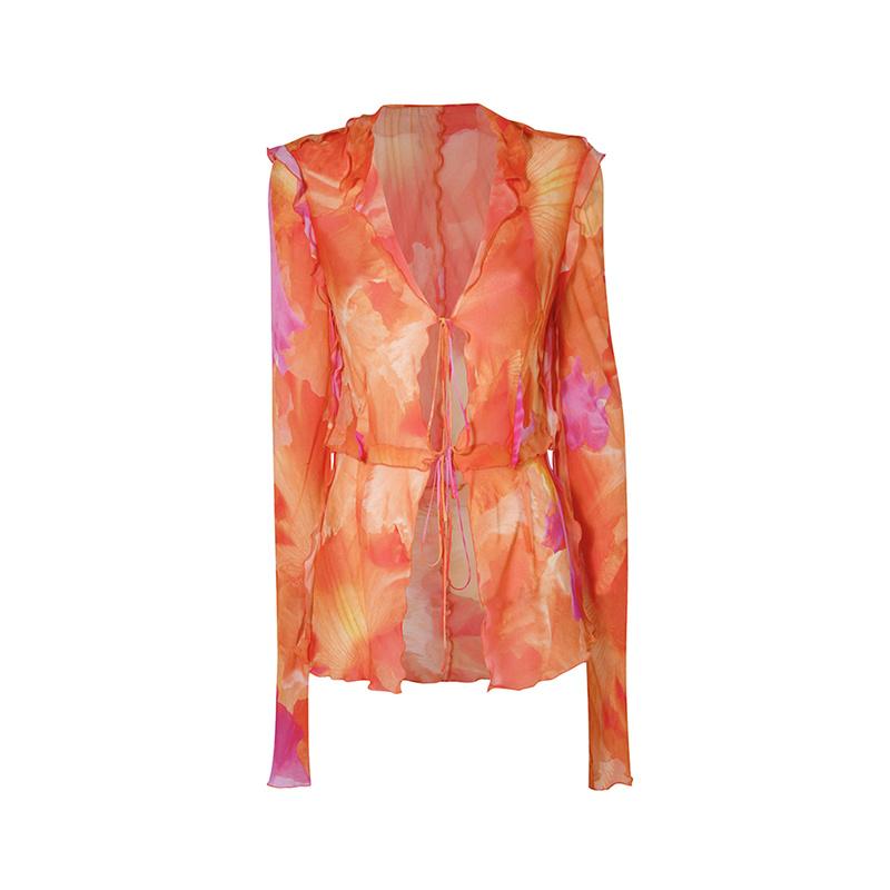 

Блузка в пляжном стиле, женская сетчатая прозрачная солнцезащитная рубашка, кардиган с длинными рукавами, однотонная рубашка с принтом тай-дай и рюшами на завязках L оранжевый