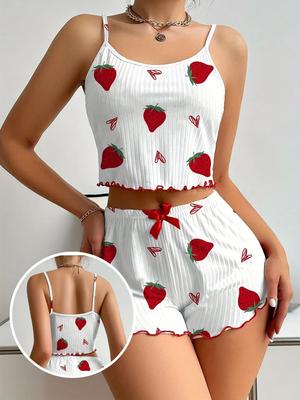 Pigiama da donna, set da notte, 2 pezzi, canottiera corta e pantaloncini, bianco, traspirante, morbido, casual, stampa Love