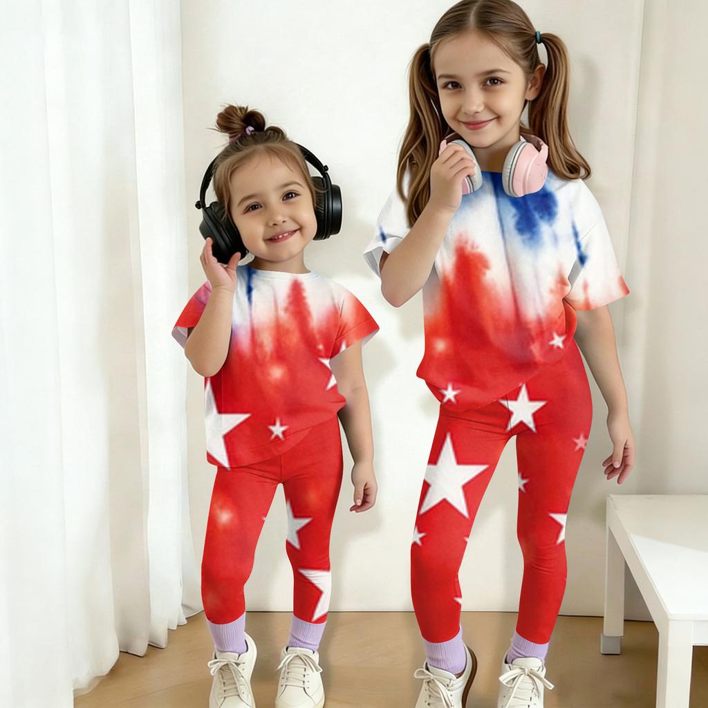 Boys And Girls Independence Day Print Set Kids Casual Short Sleeve Top And Long Pants Set