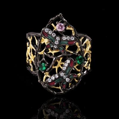 Neuer italienischer Schmuck Schwarzgold Vintage Ringe für Damen Glänzender farbenfroher Perlen Zirkon Antiker Wolframring Echtschmuck
