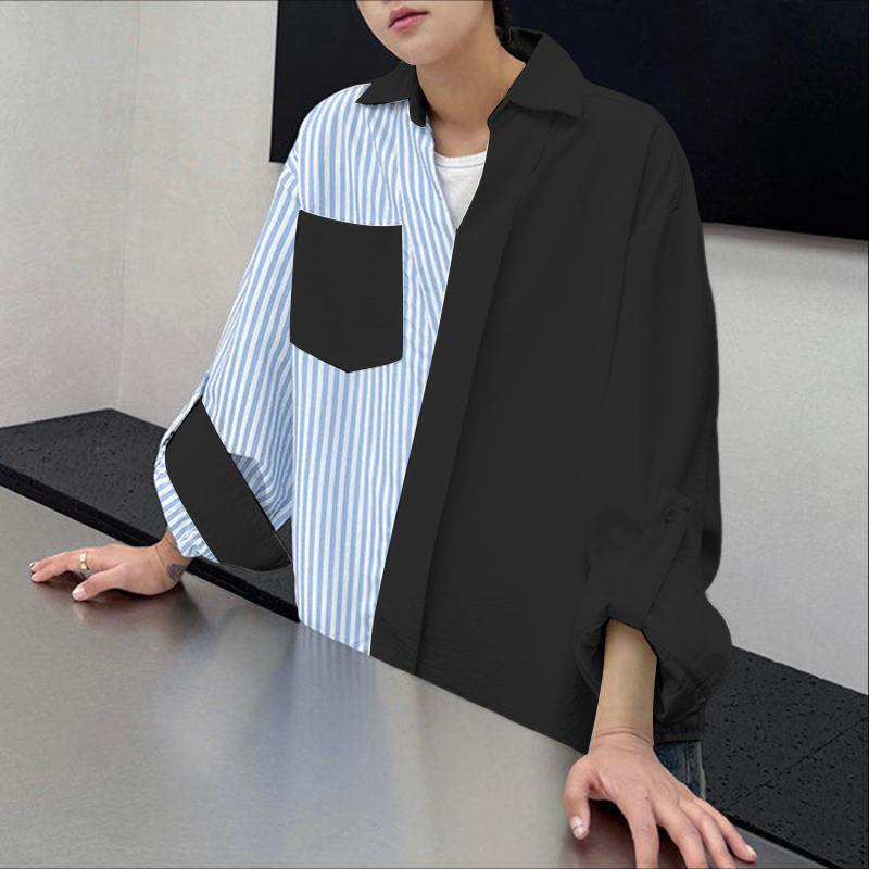 INCERUN Oversized Men Lapel Neck Long Sleeve Striped Patchwork Casual Shirts Tops 