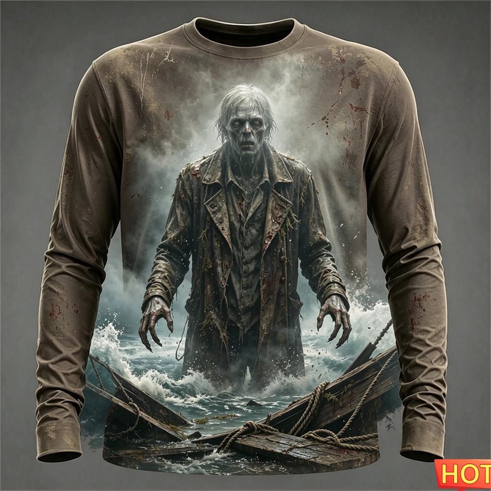 Halloween Zombie T-shirt tops Autumn winter Men's Long sleeved Tshirt Polyester Graphic Halloween Gift T-shirt for men y2k clothing