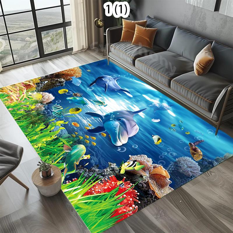 Underwater World Fish School Printed Carpet Dolphin Coral Carpet Bedroom Living Room Kitchen Decoration Rug