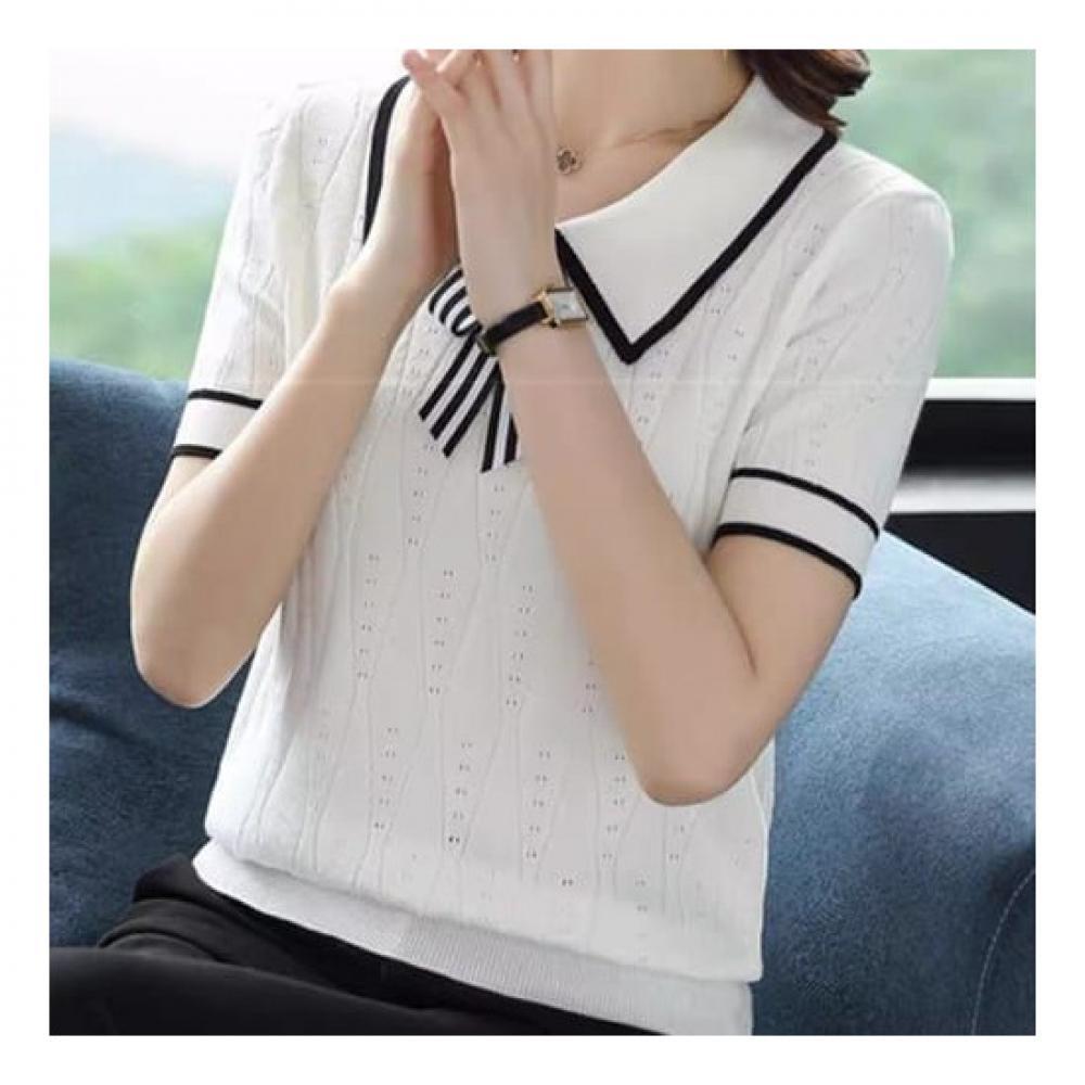 Navava Women Lovely Ribbon Collar Neck Short Sleeve Knit Nk2148
