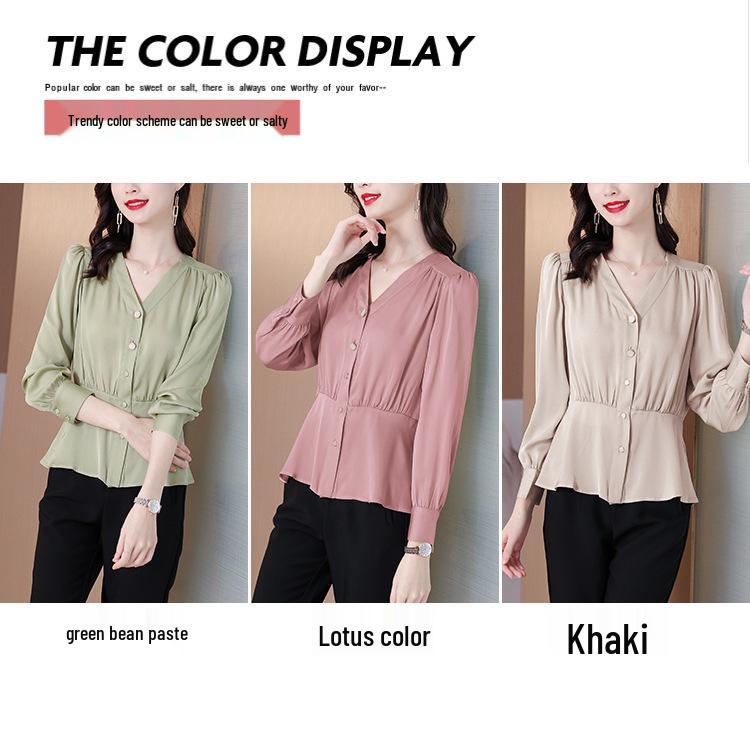 2023 Women's V-Neck Satin Silk Long Sleeve Top - Autumn Fashion Slim Waist Design