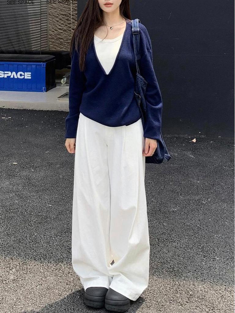 Women's Navy Blue Two-Piece Style Knit Sweater: Autumn/Winter, Loose Fit, Long-Sleeved, Korean-Inspired.