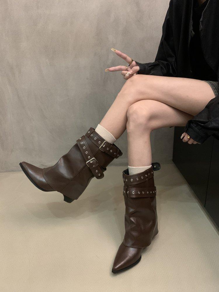 Cowhide version~ pointed retro Spice Girls Belt Buckle Pants Boots Thick Heel Temperament Short Boots Women's Skinny Western Cowboy Boots