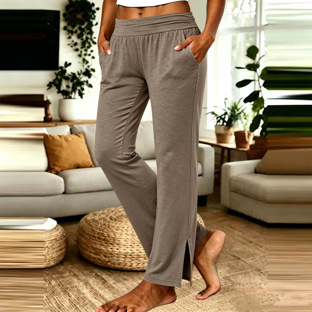 Women's Casual High Waist Straight Leg Pants with Pockets and Side Slit Hem