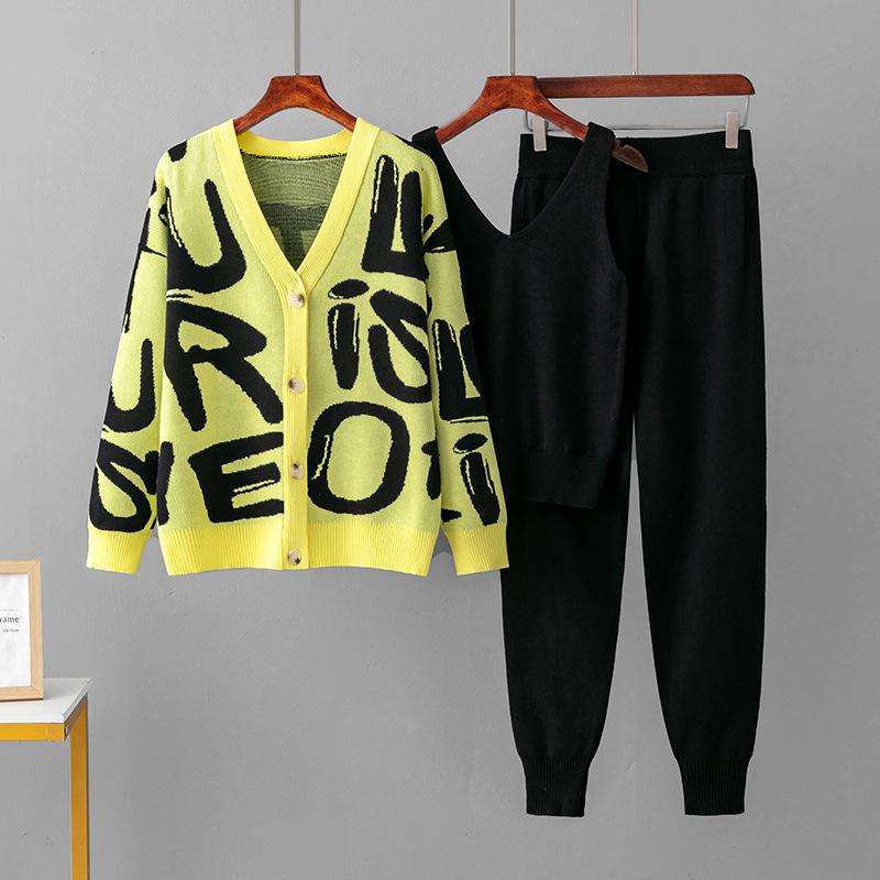 Jacquard Knitwear Three-Piece Set: Cardigan & Pants - Casual Loose Fit