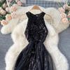 Sexy Sequin Patchwork Mesh Halter Dress Chic Elegant Evening Party Luxury Robe Women High Waist Slim Ceremonial  Dress