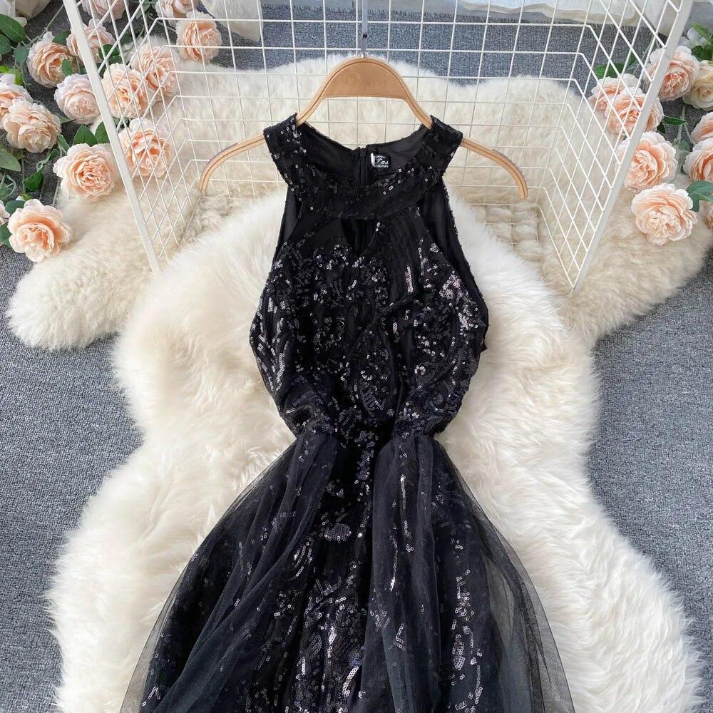 Sexy Sequin Patchwork Mesh Halter Dress Chic Elegant Evening Party Luxury Robe Women High Waist Slim Ceremonial  Dress