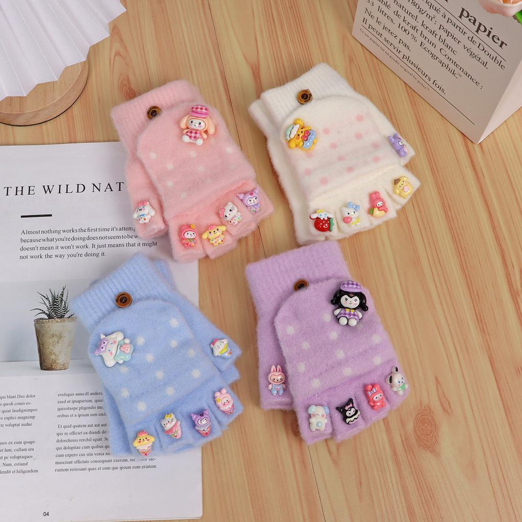Children's gloves girl-year-old cartoon cute half-finger flip to keep warm knitted wool Nantong thickened to keep warm