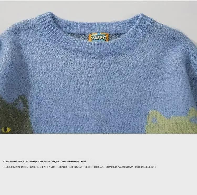 Euroamerikanischer Herbst/Winter Katzenmuster Jacquard Strickpullover - Langärmlig, Lockere Passform, Rundhalsausschnitt, Lässiger Komfort