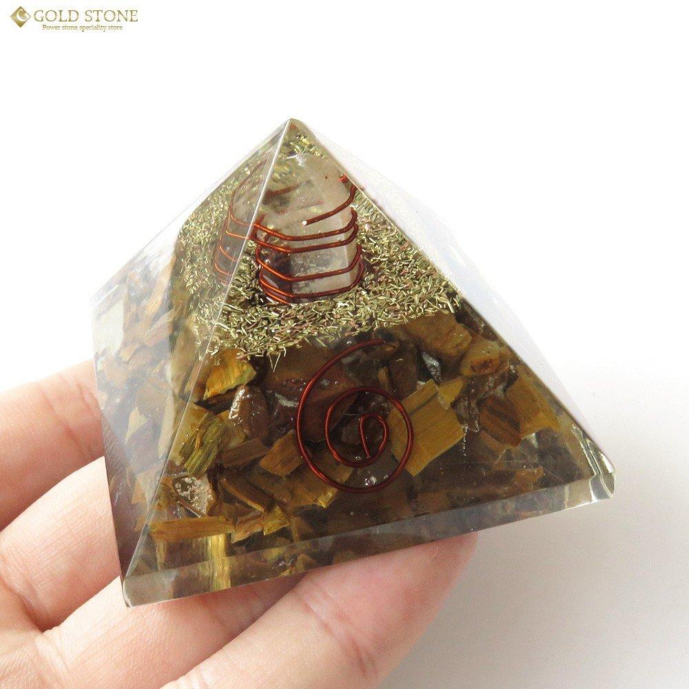 [GOLD STONE] Tiger Eye Orgonite Pyramid with Single Crystal Quartz, Spiritual Item, Approximately 55mm Wide