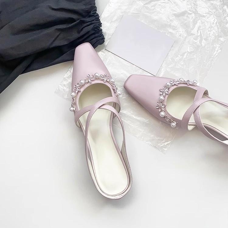 Sheepskin version~ French gentle purple cross with rhinestone knitted square head Mueller shoes for women to wear outside and cool slippers fo