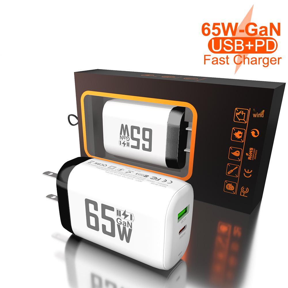 65W GaN QC 3.0 PD Fast Charger, USB, EU/US Spec, 9V/12V Compatible for Laptop