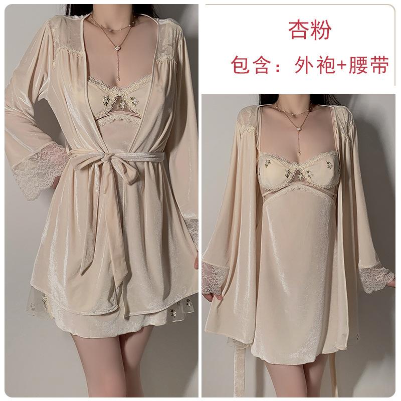 Women's Velvet Embroidered Deep V Push Up Padded Cami Sleep Dress with Robe Lounge Set