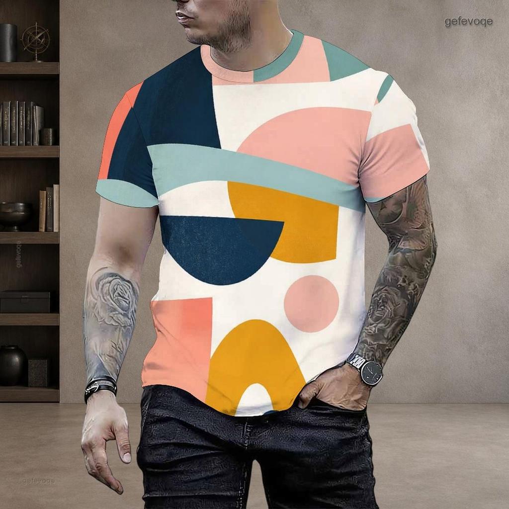 Men Plus Size Round Neck Short Sleeve Geometric Printed T Shirt Casual Straight Hem Pullover