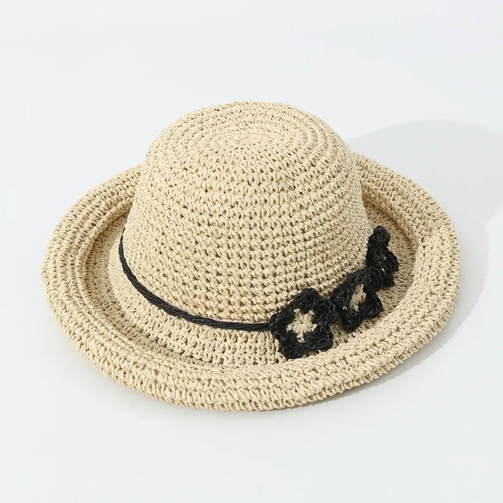 

Summer Straw Panama Hats for Women Girls Mother Daughter Beach Bohemia Wide Brim Sun Protection Foldable Cap Breathable Bow бежевый